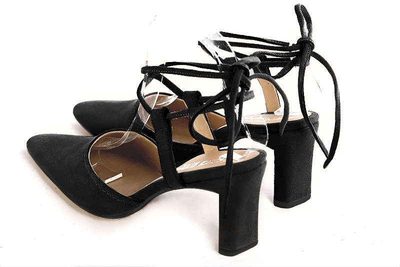 Matt black women's open back shoes, with crossed straps. Tapered toe. High comma heels. Rear view - Florence KOOIJMAN